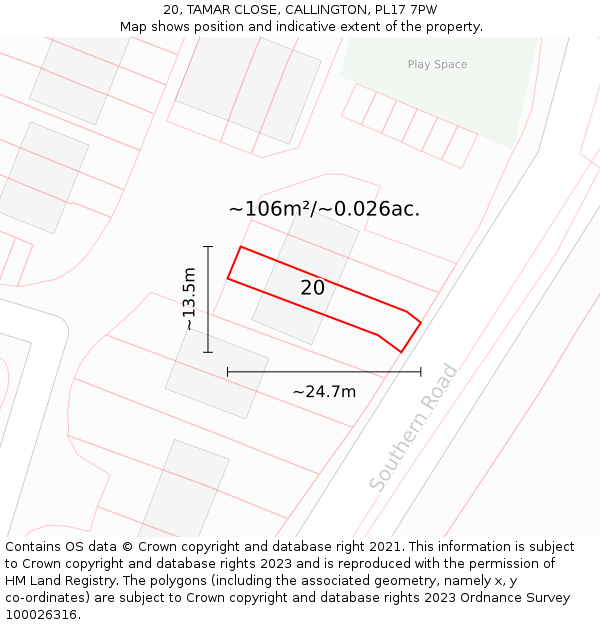 20, TAMAR CLOSE, CALLINGTON, PL17 7PW: Plot and title map