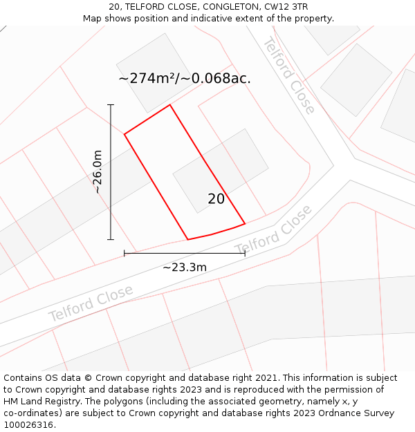 20, TELFORD CLOSE, CONGLETON, CW12 3TR: Plot and title map