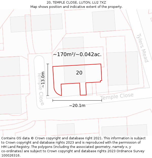 20, TEMPLE CLOSE, LUTON, LU2 7XZ: Plot and title map