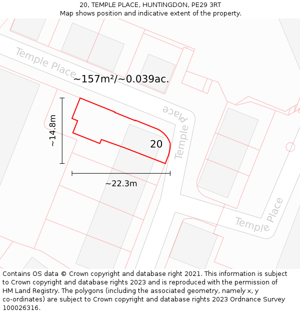 20, TEMPLE PLACE, HUNTINGDON, PE29 3RT: Plot and title map