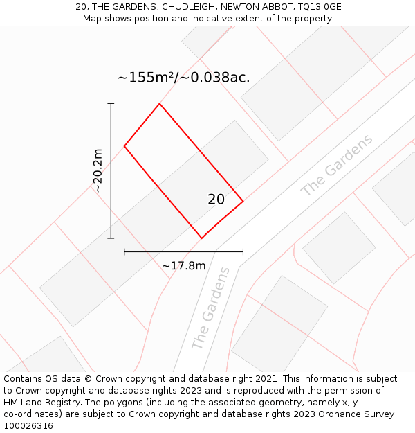 20, THE GARDENS, CHUDLEIGH, NEWTON ABBOT, TQ13 0GE: Plot and title map