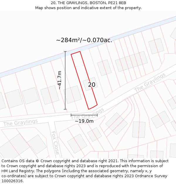 20, THE GRAYLINGS, BOSTON, PE21 8EB: Plot and title map