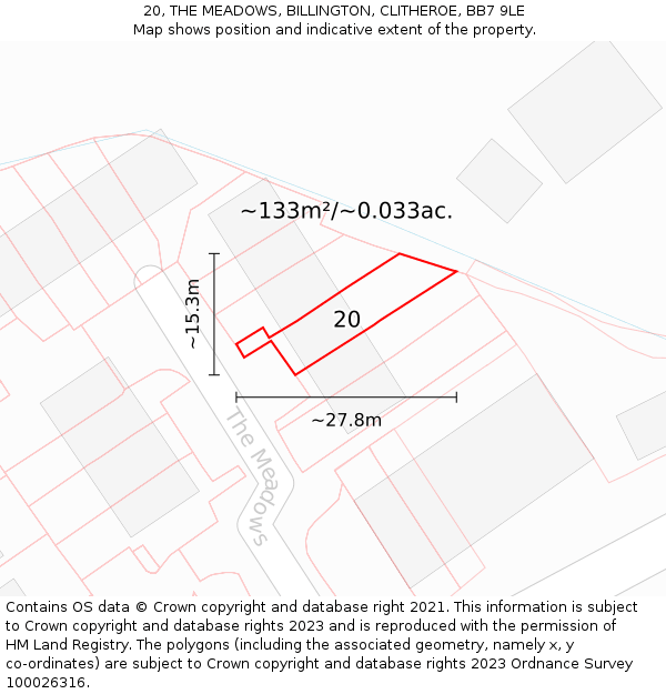 20, THE MEADOWS, BILLINGTON, CLITHEROE, BB7 9LE: Plot and title map