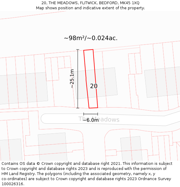 20, THE MEADOWS, FLITWICK, BEDFORD, MK45 1XQ: Plot and title map