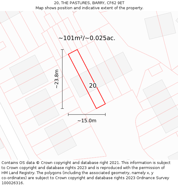 20, THE PASTURES, BARRY, CF62 9ET: Plot and title map