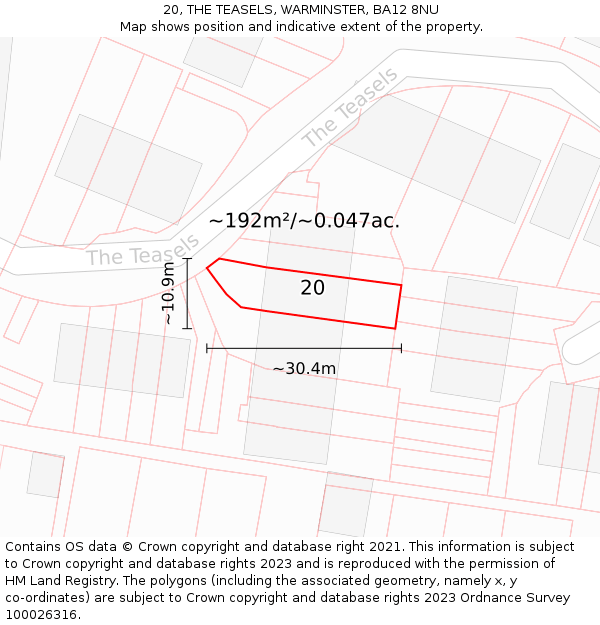 20, THE TEASELS, WARMINSTER, BA12 8NU: Plot and title map