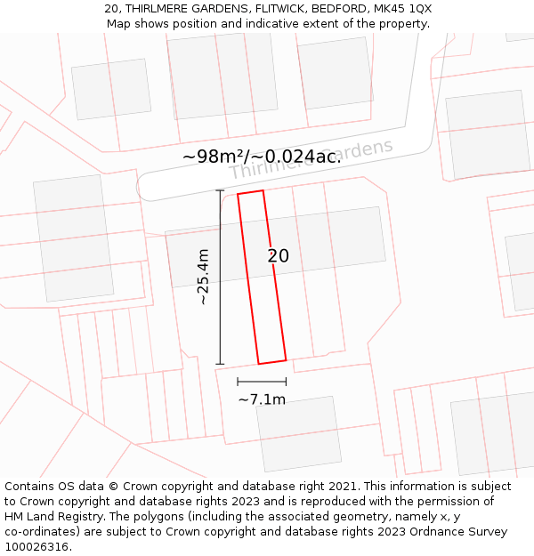 20, THIRLMERE GARDENS, FLITWICK, BEDFORD, MK45 1QX: Plot and title map