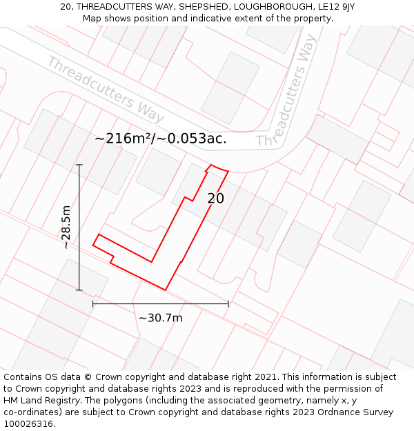 20, THREADCUTTERS WAY, SHEPSHED, LOUGHBOROUGH, LE12 9JY: Plot and title map