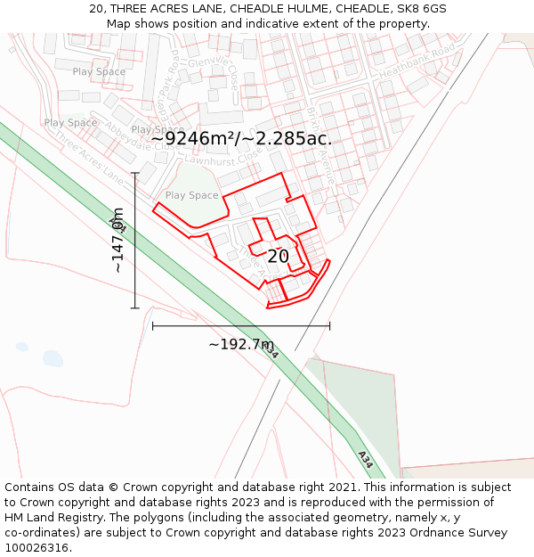 20, THREE ACRES LANE, CHEADLE HULME, CHEADLE, SK8 6GS: Plot and title map