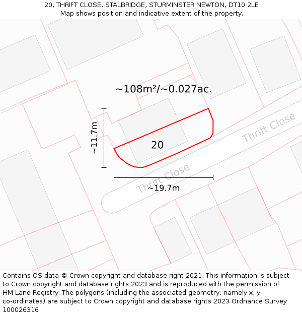 20, THRIFT CLOSE, STALBRIDGE, STURMINSTER NEWTON, DT10 2LE: Plot and title map