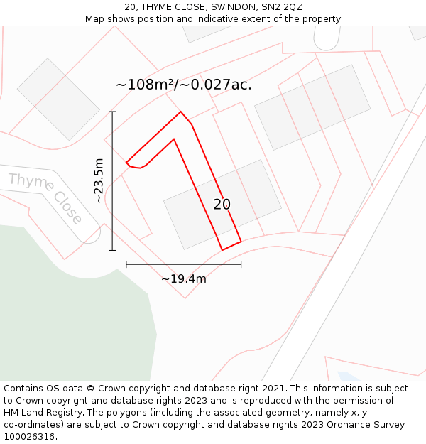 20, THYME CLOSE, SWINDON, SN2 2QZ: Plot and title map