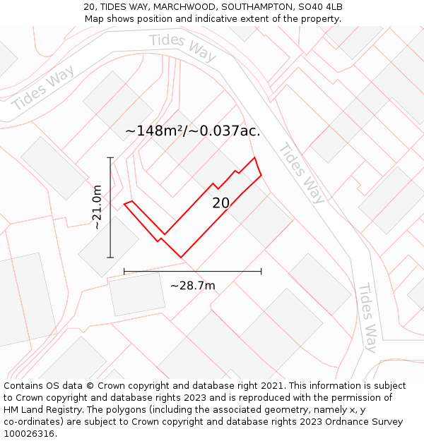 20, TIDES WAY, MARCHWOOD, SOUTHAMPTON, SO40 4LB: Plot and title map