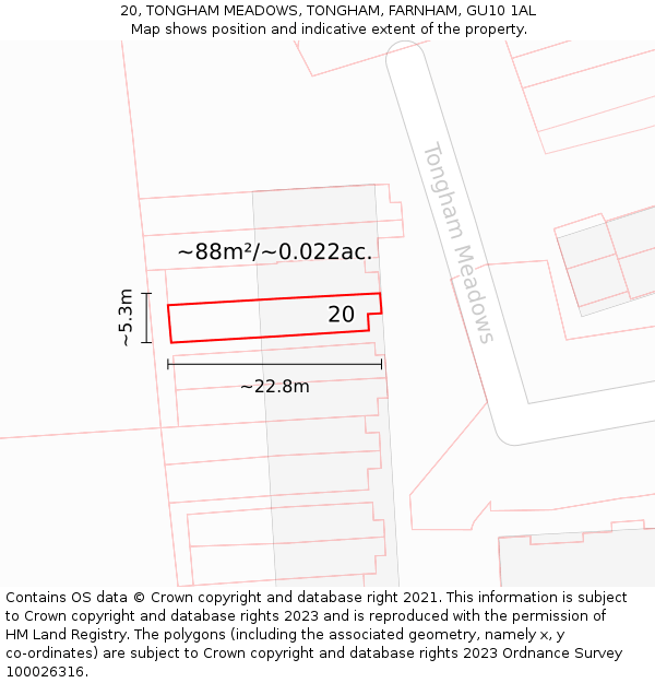 20, TONGHAM MEADOWS, TONGHAM, FARNHAM, GU10 1AL: Plot and title map