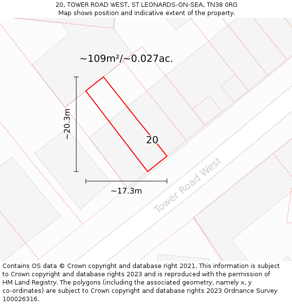 20, TOWER ROAD WEST, ST LEONARDS-ON-SEA, TN38 0RG: Plot and title map