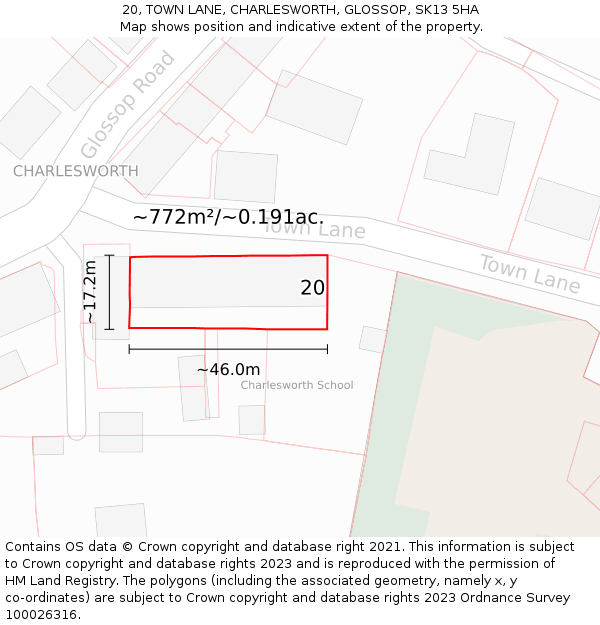 20, TOWN LANE, CHARLESWORTH, GLOSSOP, SK13 5HA: Plot and title map