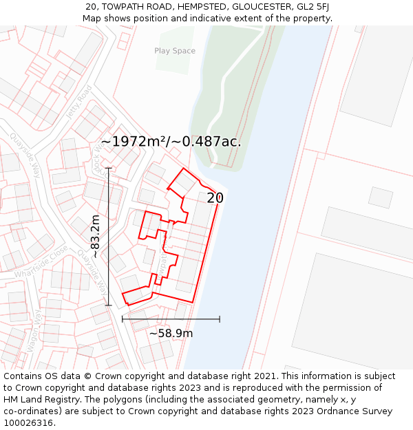 20, TOWPATH ROAD, HEMPSTED, GLOUCESTER, GL2 5FJ: Plot and title map