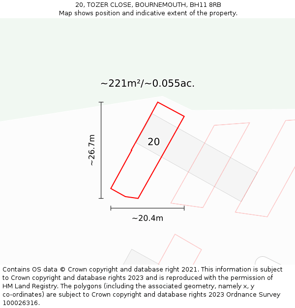 20, TOZER CLOSE, BOURNEMOUTH, BH11 8RB: Plot and title map