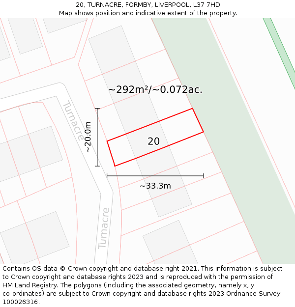 20, TURNACRE, FORMBY, LIVERPOOL, L37 7HD: Plot and title map