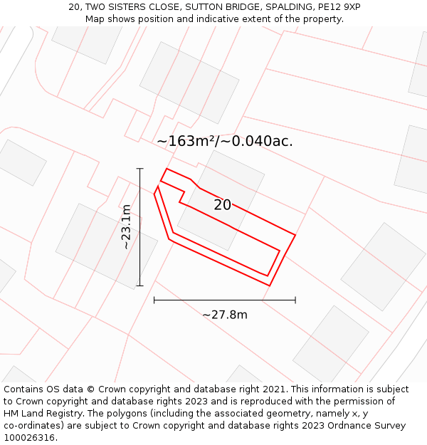 20, TWO SISTERS CLOSE, SUTTON BRIDGE, SPALDING, PE12 9XP: Plot and title map