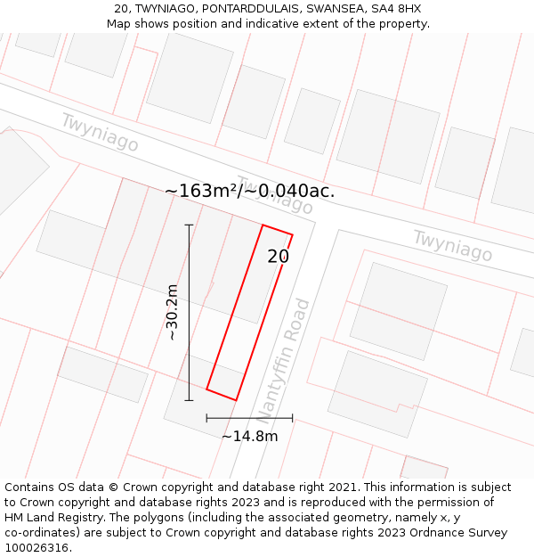 20, TWYNIAGO, PONTARDDULAIS, SWANSEA, SA4 8HX: Plot and title map