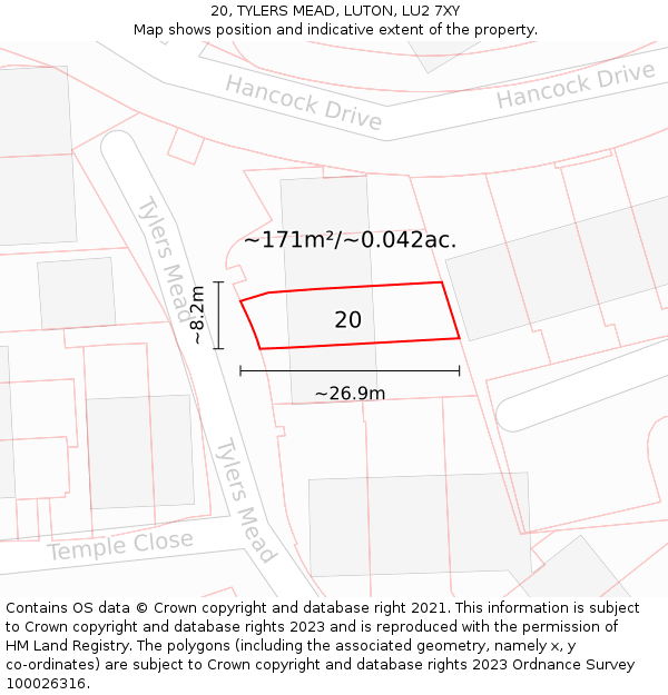 20, TYLERS MEAD, LUTON, LU2 7XY: Plot and title map