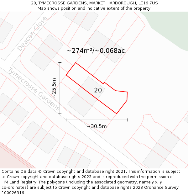 20, TYMECROSSE GARDENS, MARKET HARBOROUGH, LE16 7US: Plot and title map