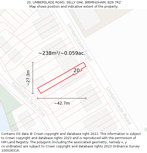 20, UMBERSLADE ROAD, SELLY OAK, BIRMINGHAM, B29 7RZ: Plot and title map