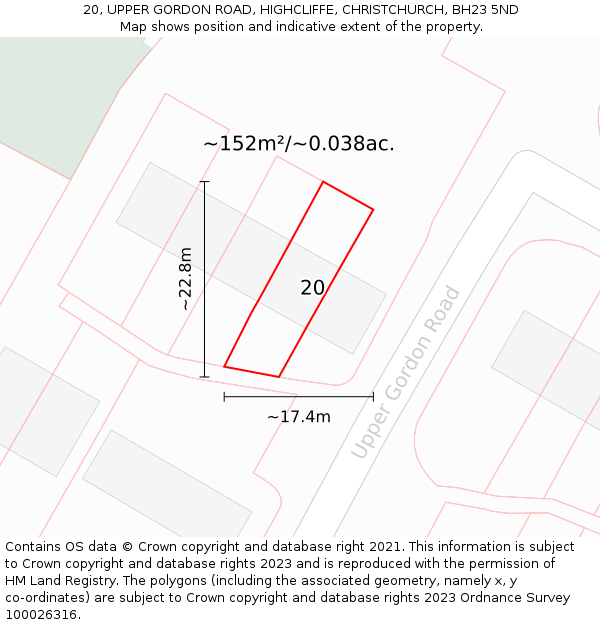20, UPPER GORDON ROAD, HIGHCLIFFE, CHRISTCHURCH, BH23 5ND: Plot and title map