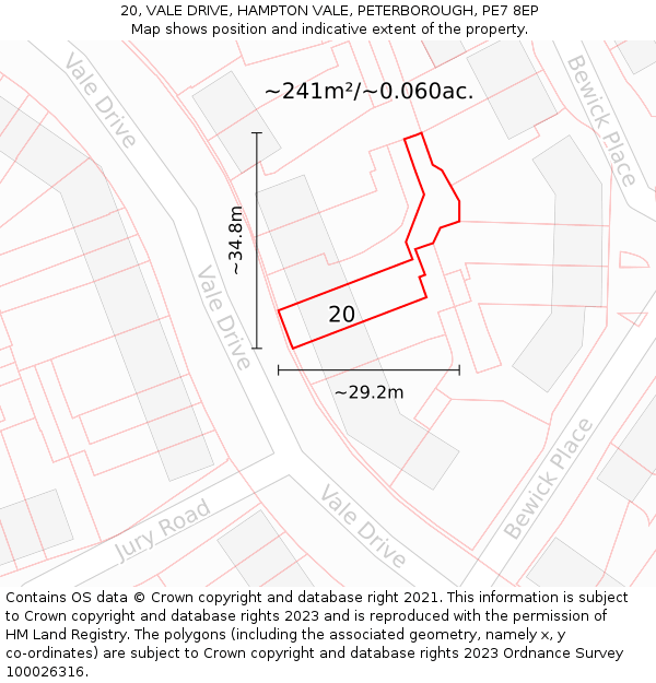 20, VALE DRIVE, HAMPTON VALE, PETERBOROUGH, PE7 8EP: Plot and title map