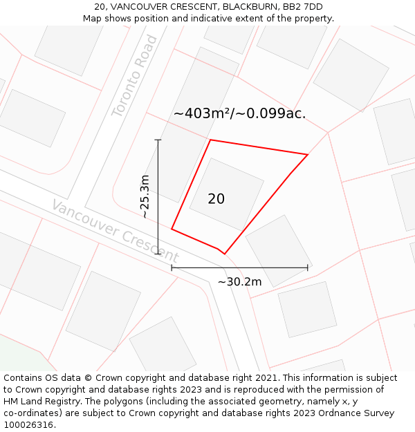 20, VANCOUVER CRESCENT, BLACKBURN, BB2 7DD: Plot and title map