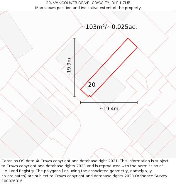 20, VANCOUVER DRIVE, CRAWLEY, RH11 7UR: Plot and title map
