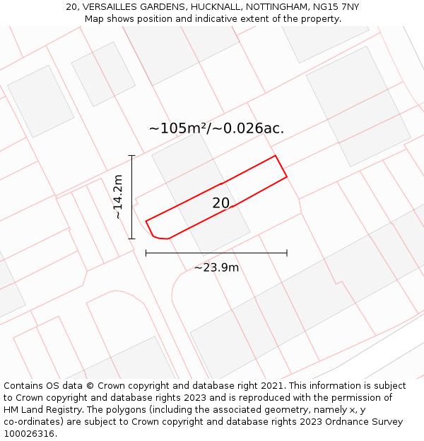 20, VERSAILLES GARDENS, HUCKNALL, NOTTINGHAM, NG15 7NY: Plot and title map