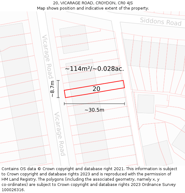 20, VICARAGE ROAD, CROYDON, CR0 4JS: Plot and title map