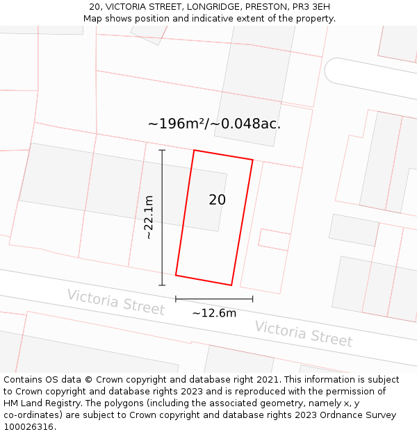 20, VICTORIA STREET, LONGRIDGE, PRESTON, PR3 3EH: Plot and title map