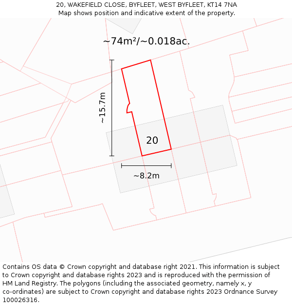 20, WAKEFIELD CLOSE, BYFLEET, WEST BYFLEET, KT14 7NA: Plot and title map