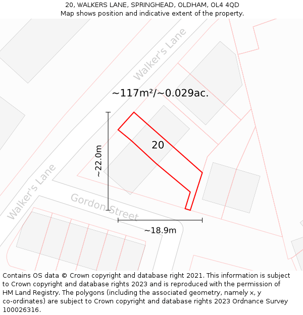 20, WALKERS LANE, SPRINGHEAD, OLDHAM, OL4 4QD: Plot and title map