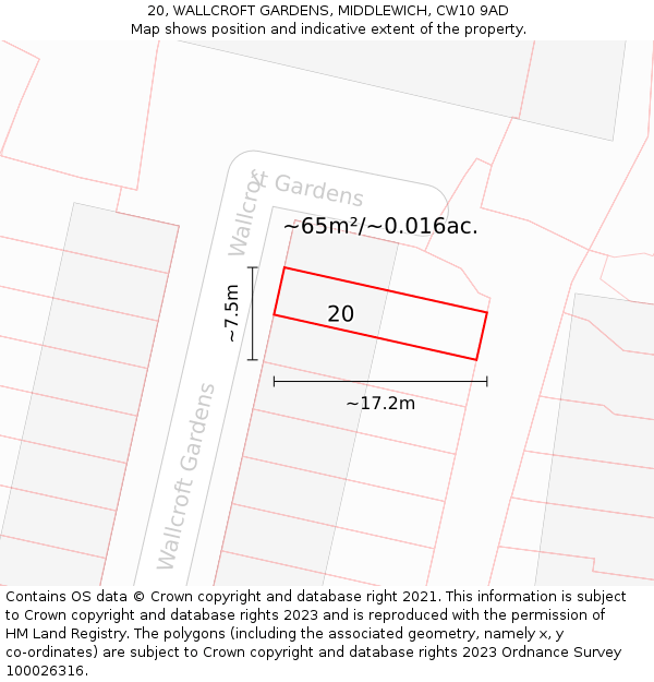 20, WALLCROFT GARDENS, MIDDLEWICH, CW10 9AD: Plot and title map