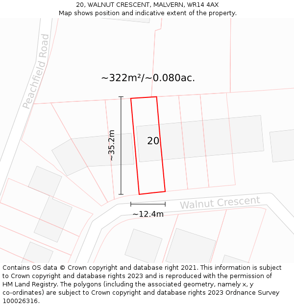 20, WALNUT CRESCENT, MALVERN, WR14 4AX: Plot and title map
