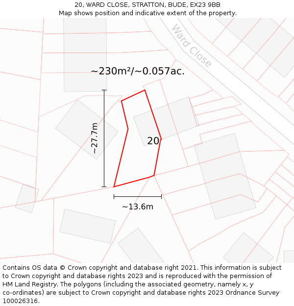 20, WARD CLOSE, STRATTON, BUDE, EX23 9BB: Plot and title map