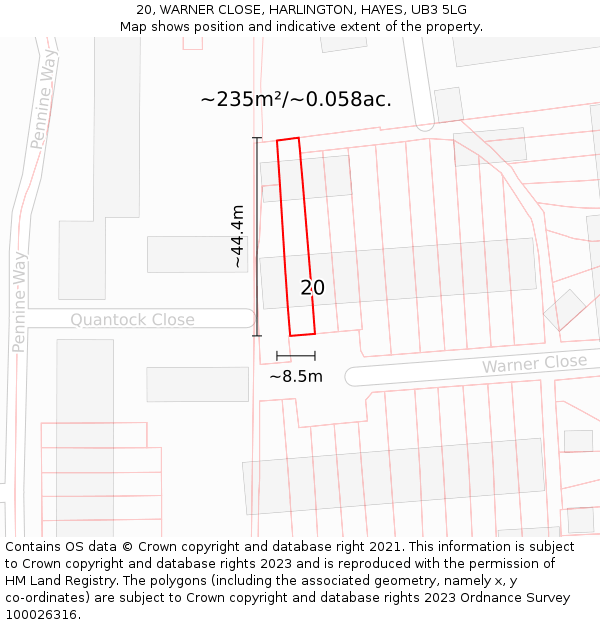 20, WARNER CLOSE, HARLINGTON, HAYES, UB3 5LG: Plot and title map