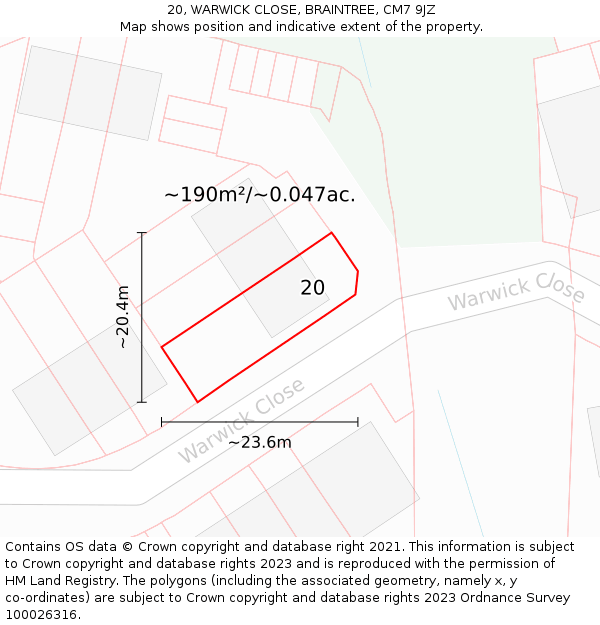 20, WARWICK CLOSE, BRAINTREE, CM7 9JZ: Plot and title map