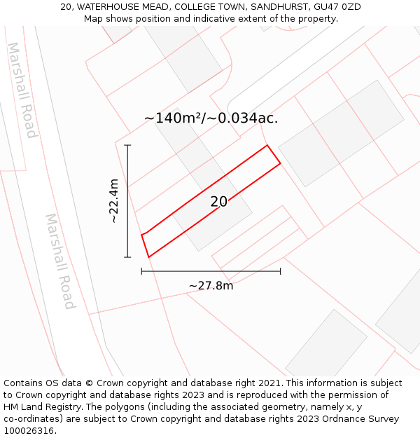 20, WATERHOUSE MEAD, COLLEGE TOWN, SANDHURST, GU47 0ZD: Plot and title map