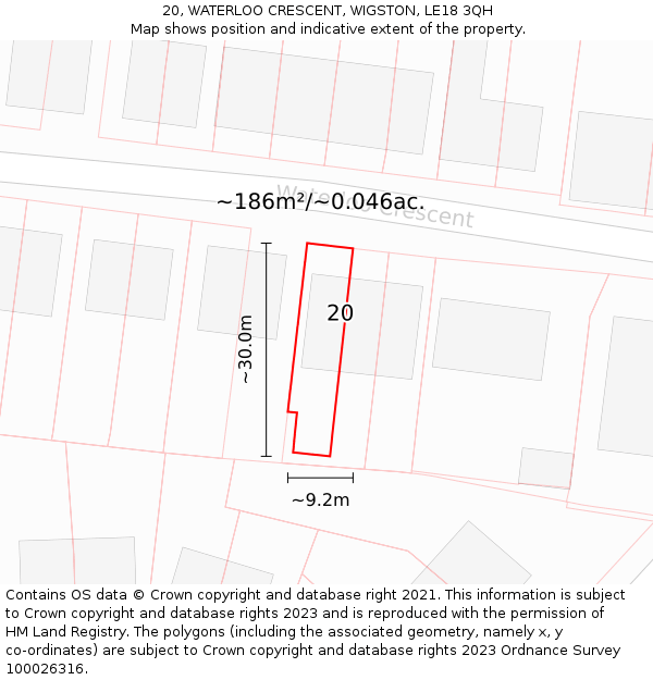 20, WATERLOO CRESCENT, WIGSTON, LE18 3QH: Plot and title map