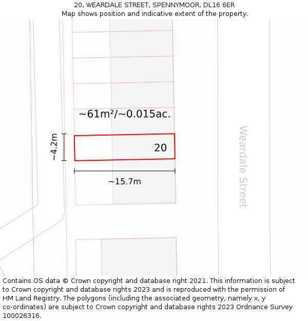 20, WEARDALE STREET, SPENNYMOOR, DL16 6ER: Plot and title map