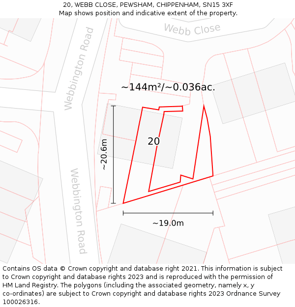 20, WEBB CLOSE, PEWSHAM, CHIPPENHAM, SN15 3XF: Plot and title map