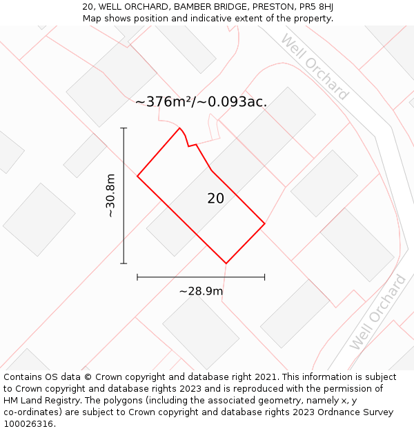 20, WELL ORCHARD, BAMBER BRIDGE, PRESTON, PR5 8HJ: Plot and title map