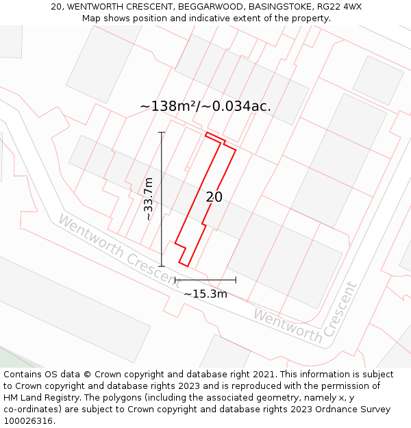 20, WENTWORTH CRESCENT, BEGGARWOOD, BASINGSTOKE, RG22 4WX: Plot and title map