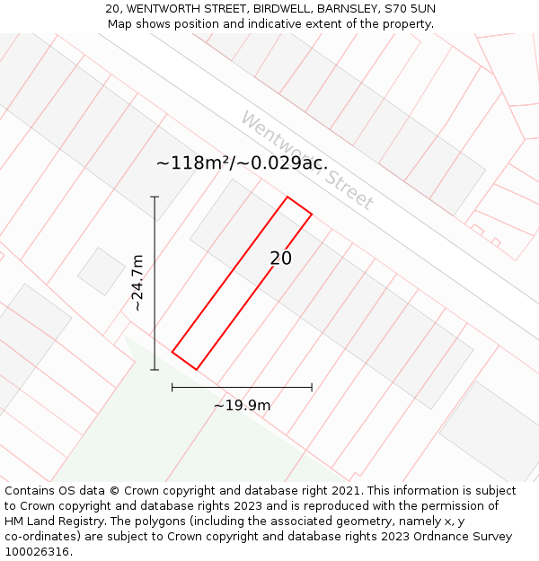 20, WENTWORTH STREET, BIRDWELL, BARNSLEY, S70 5UN: Plot and title map