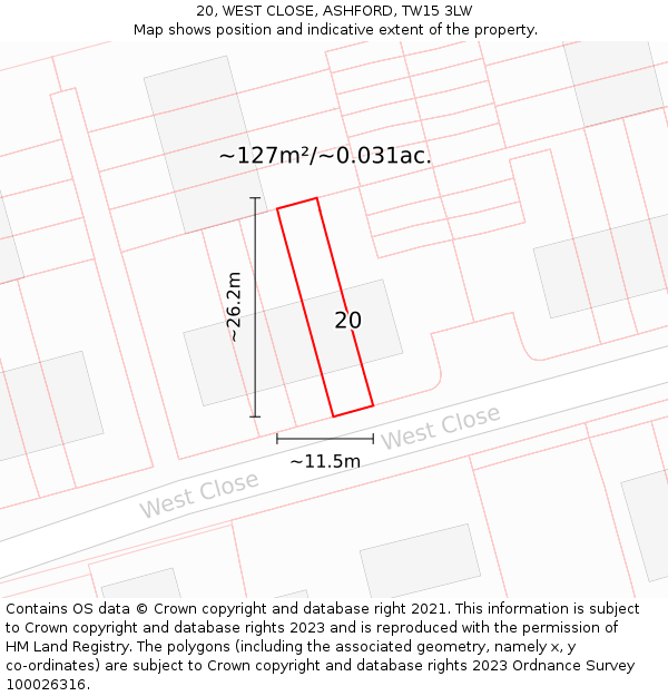 20, WEST CLOSE, ASHFORD, TW15 3LW: Plot and title map