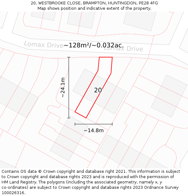20, WESTBROOKE CLOSE, BRAMPTON, HUNTINGDON, PE28 4FG: Plot and title map